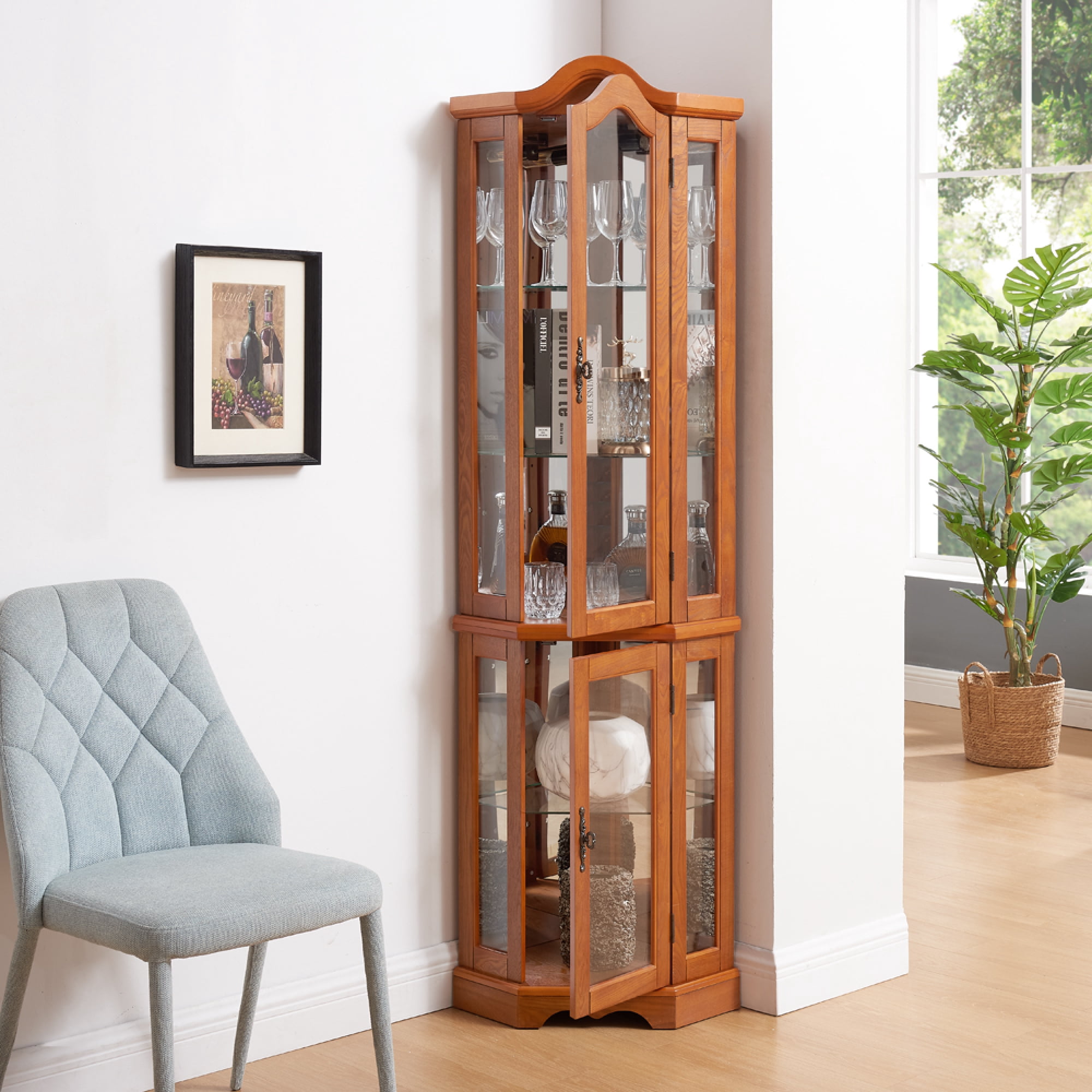 Leumius Curio Cabinet Lighted Glass Display Curio Cabinet with Tempered Glass Doors and Shelves, Crown Corner Cabinet with Bulb, Corner Storage Decoration for Living Room and Bedroom Oak