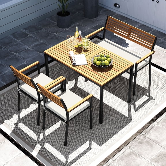 Auranook 4 PCS Patio Furniture Set w/ Acacia Wood & Metal Frame table，Table with Umbrella Holes