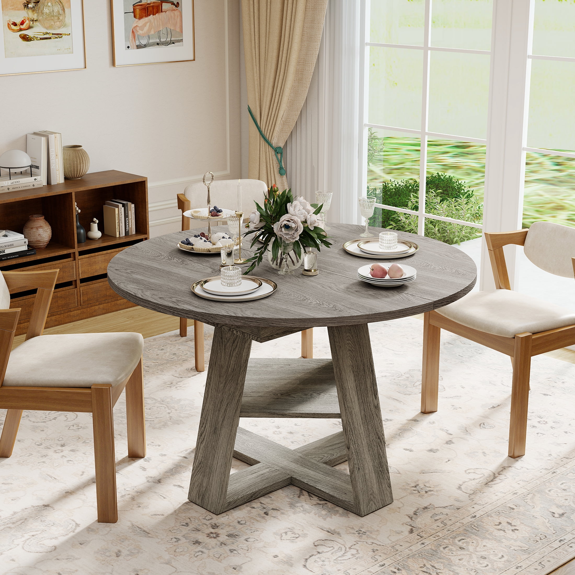 Hawsaiy 43.3-59 in Extendable Oval Dining Table for 4-6, Space-Saving Round Kitchen Table with Hidden Leaf Storage & Bottom Shelf for Small Space, Gray