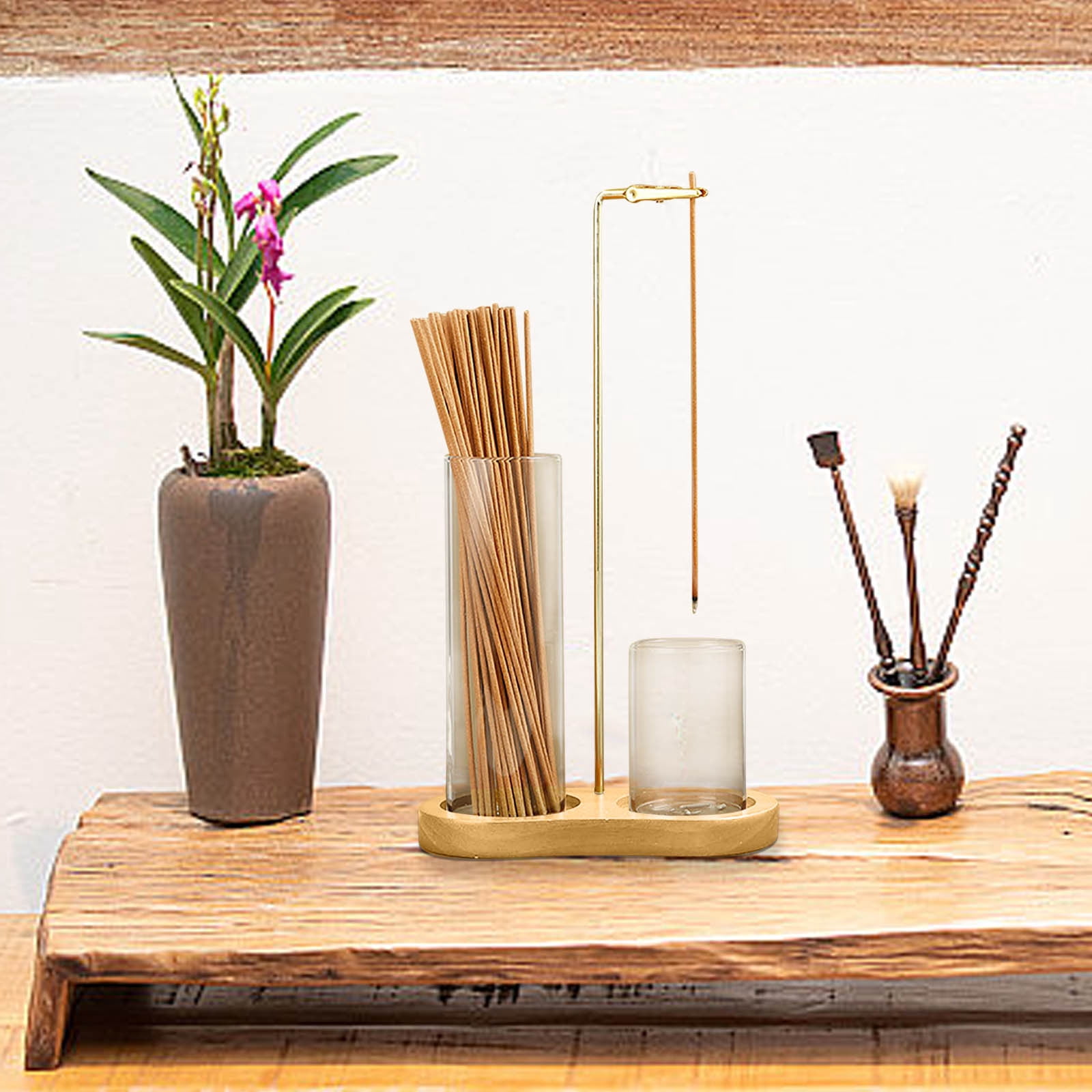 2 in 1 Incense Holder Solid Rubber Wood 8-Shaped Base | Glass Cup Ash Catcher | Secure Clip Metal Arm | For Meditation | Clean Burning | Single Pack