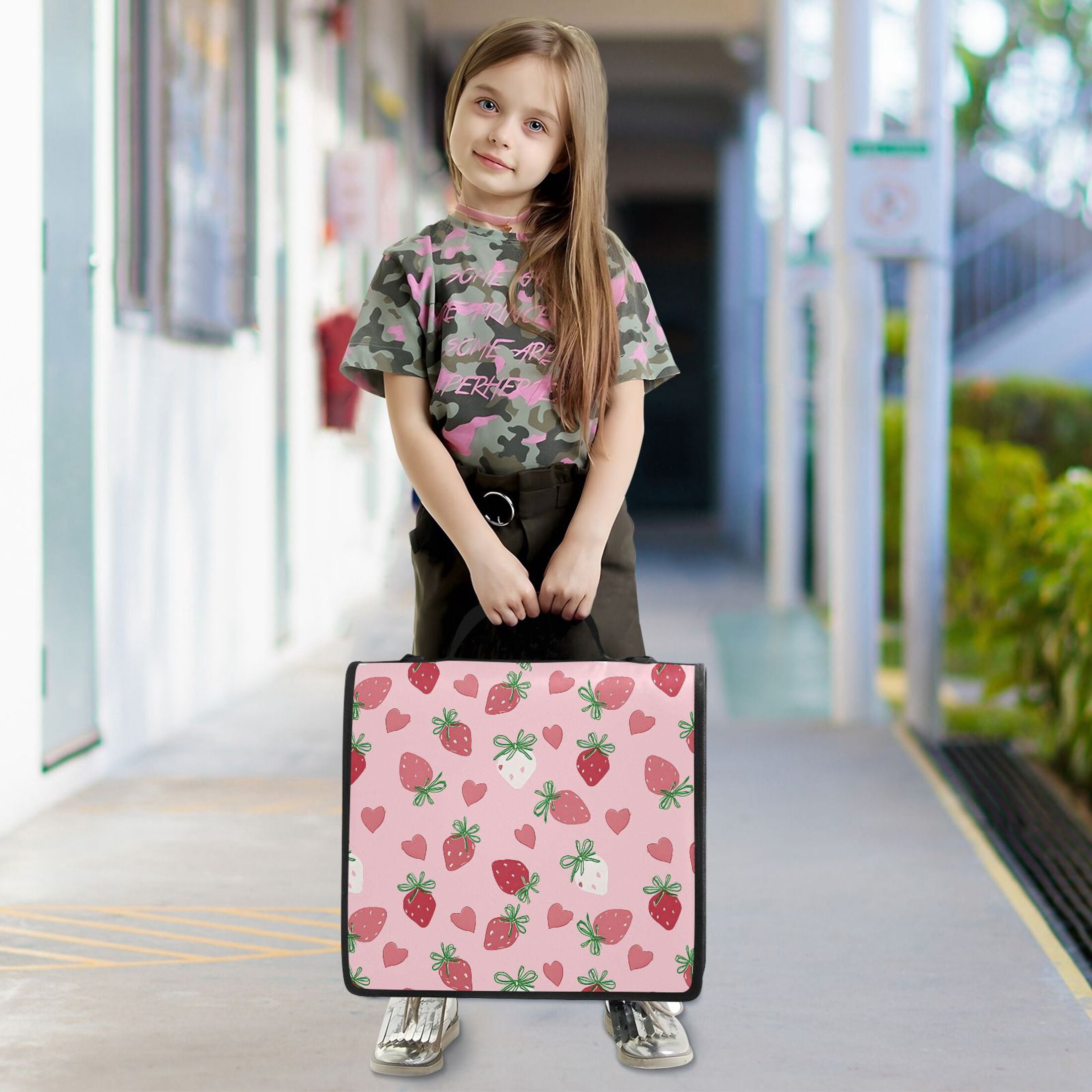 Zipper Binder Strawberry Bow Heart 1.5 Inch Binder Folder Bag with Shoulder Strap and Handle