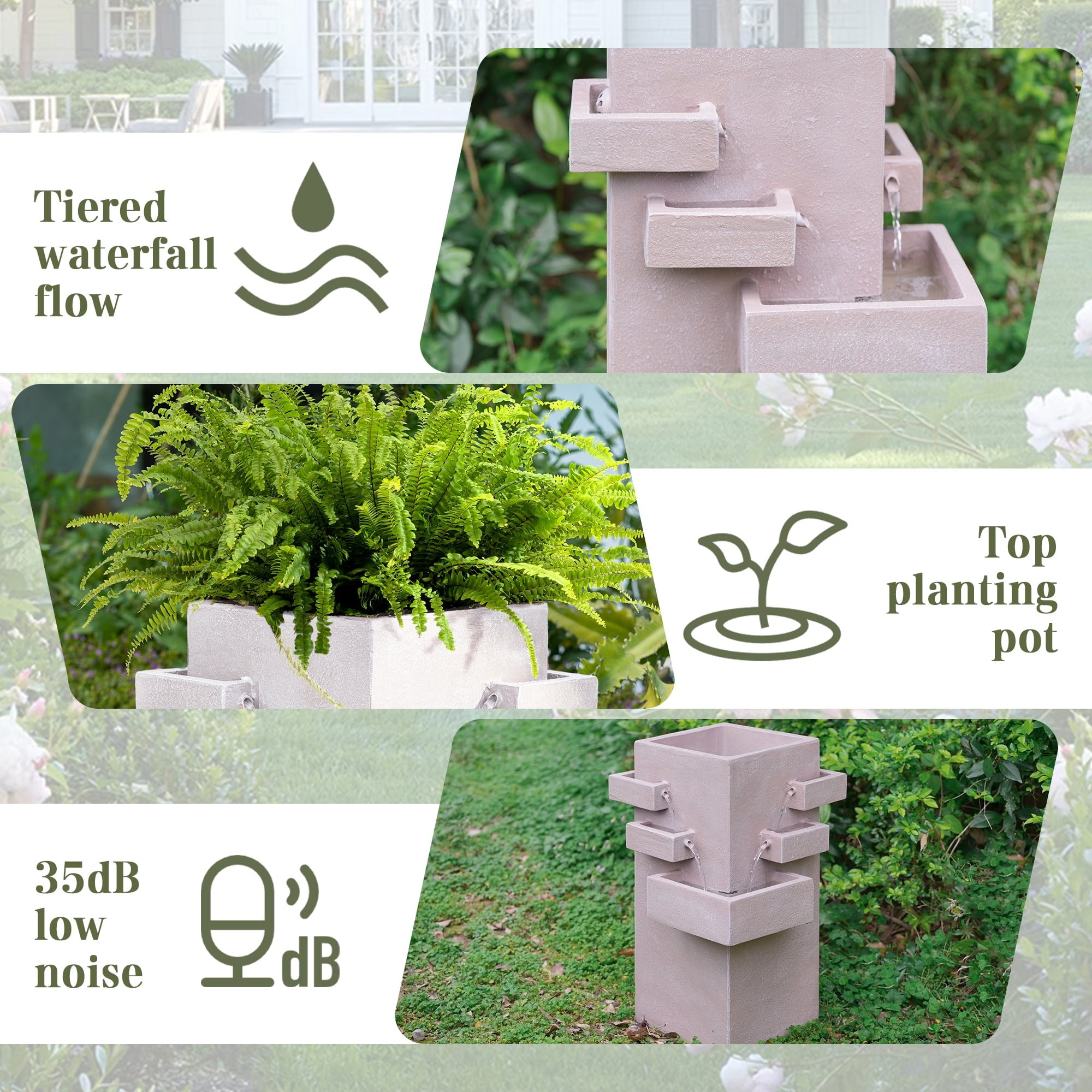 27.8" Outdoor Water Fountain with Tiered Waterfall Flow, Resin Waterfall Fountain for Outside, Indoor/Outdoor Water Feature for Garden, Patio