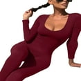 thumbnail image 2 of Women Long Jumpsuit Solid Color Long Sleeve U Neck Slim Bodysuit, 2 of 7