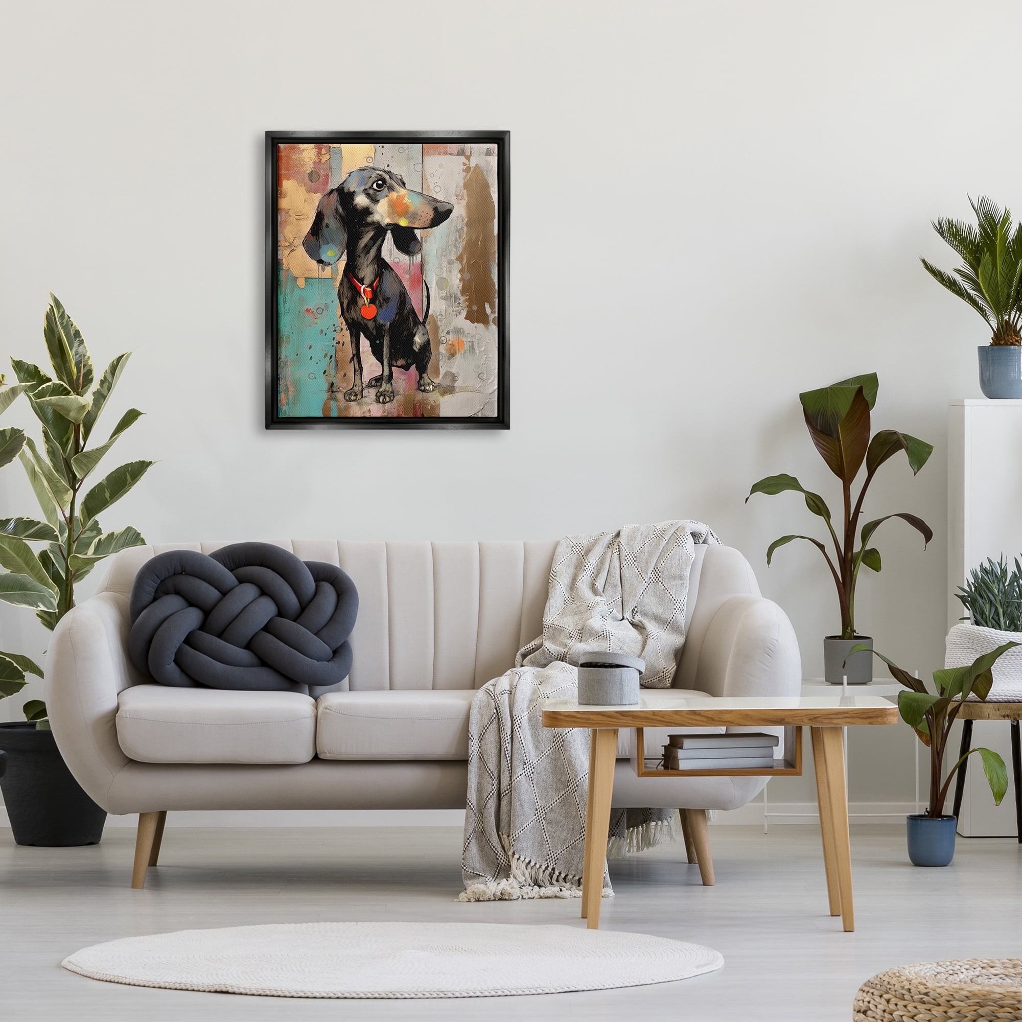 Stupell Industries Dachshund Modern Collage Animals & Insects Painting Black Floater Framed Canvas Art Print Wall Art, 25 x 31