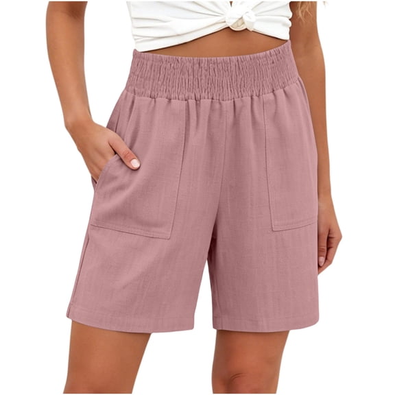 Yteetum Women's Cotton Linen Shorts Summer Mid Rise Elastic Waist Shorts Casual Solid Loose Lightweight Breathable Travel Vacation Shorts