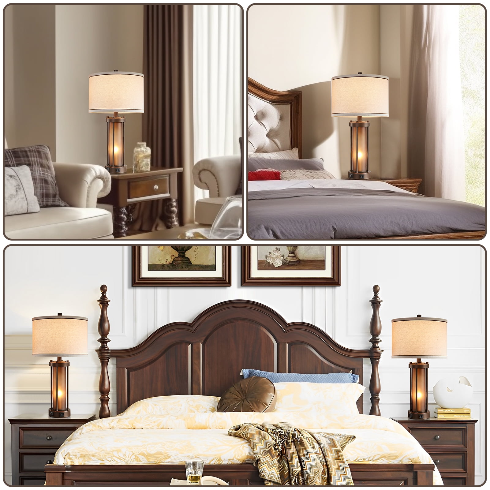 RORIA 24”Living Room Table Lamps Set of 2, Modern Farmhouse Style, Features Dual USB C&A Charging Ports and Night Light, Suitable for Bedrooms and Bedside Tables