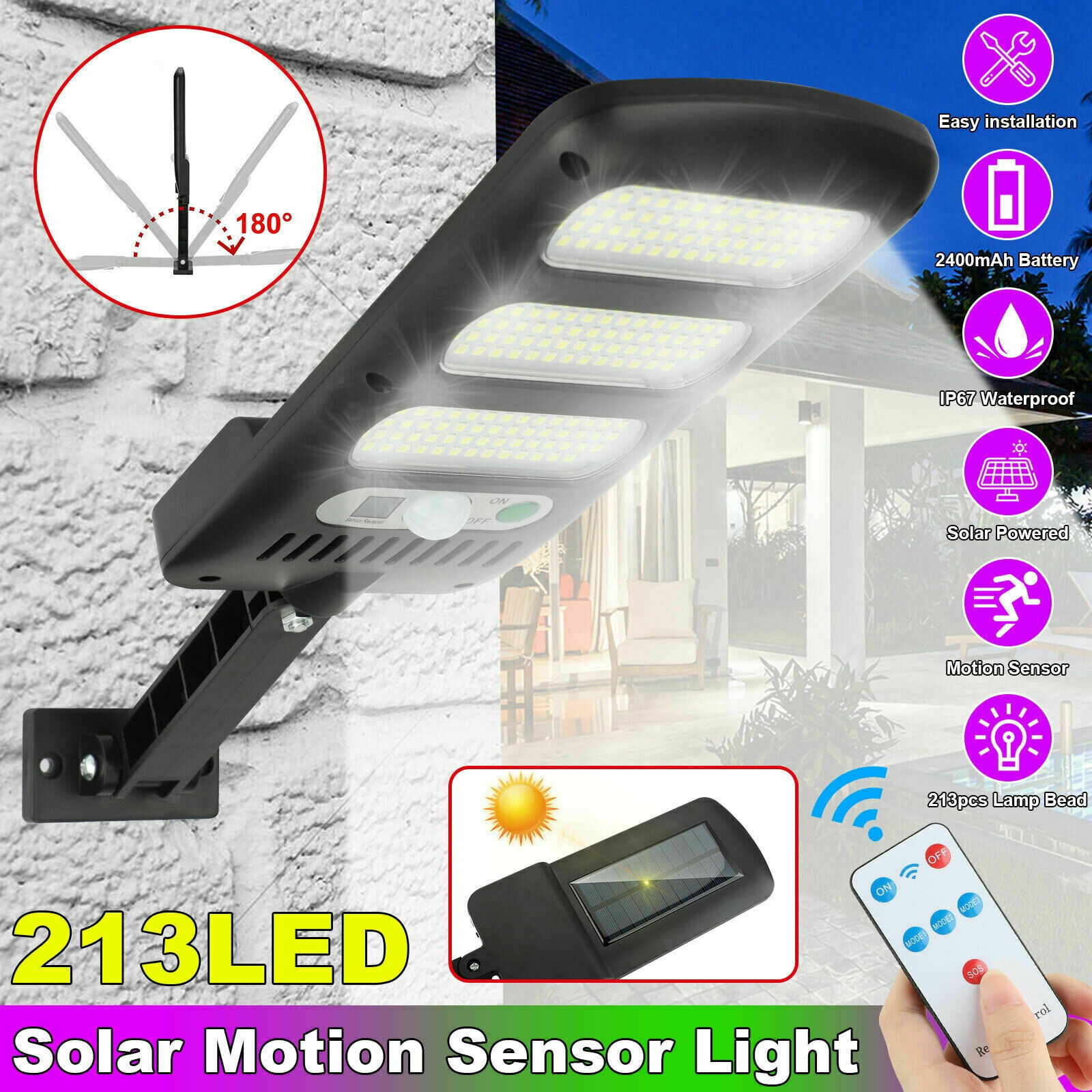 2 PCS 213 SMD Solar Outdoor Street Light PIR Motion Sensor 3 Lighting Modes IP67 