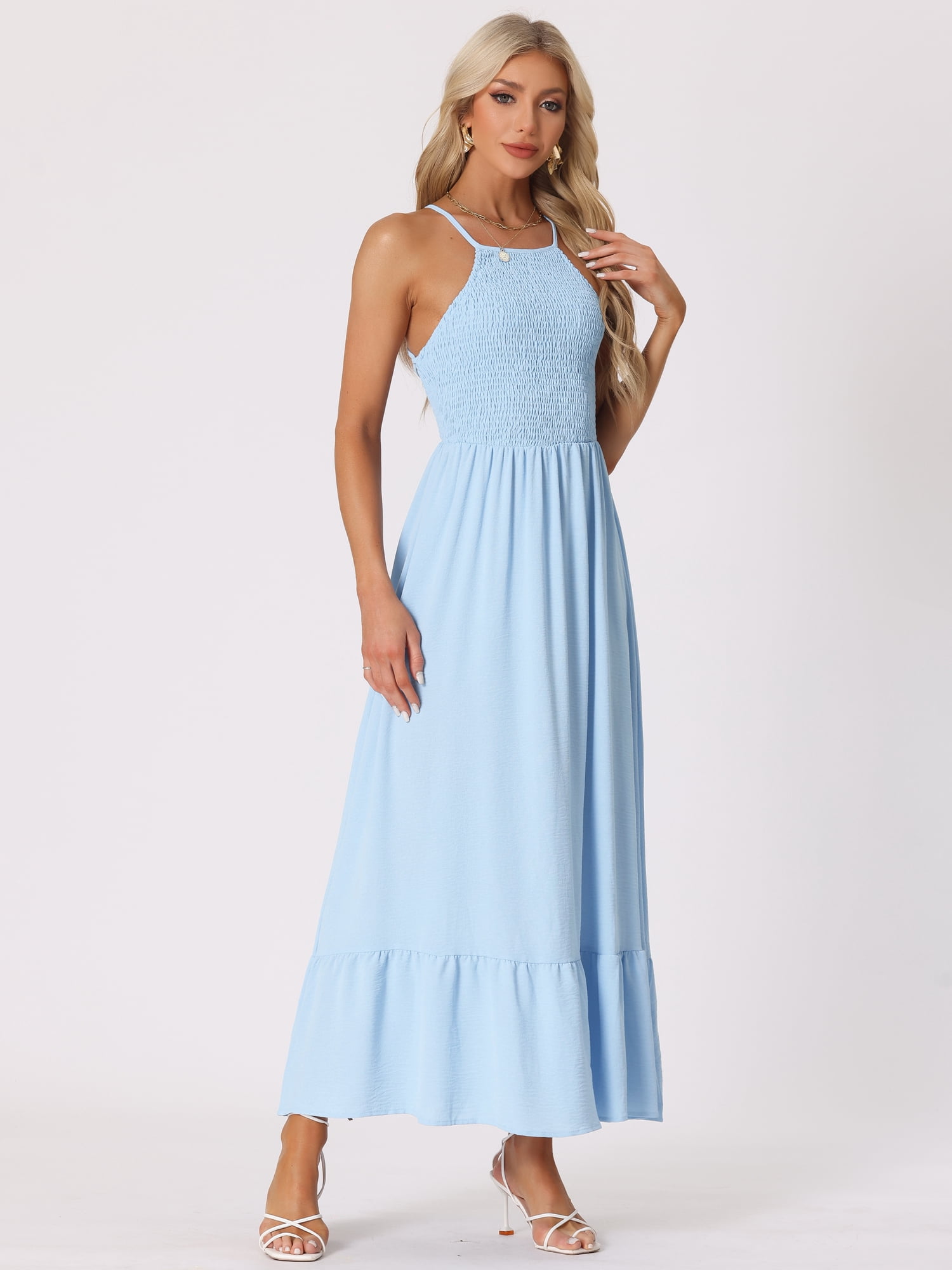 DARING DIVA Smocked Halter Neck Backless Summer Maxi Dress L Light Blue