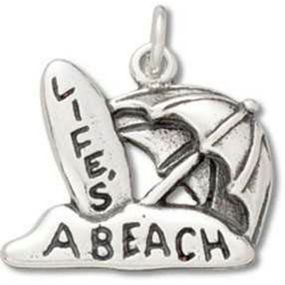 Sterling Silver 18" Unisex 1.5mm Box Chain LIFE'S A BEACH Surf Board And Beach Umbrella Pendant Necklace