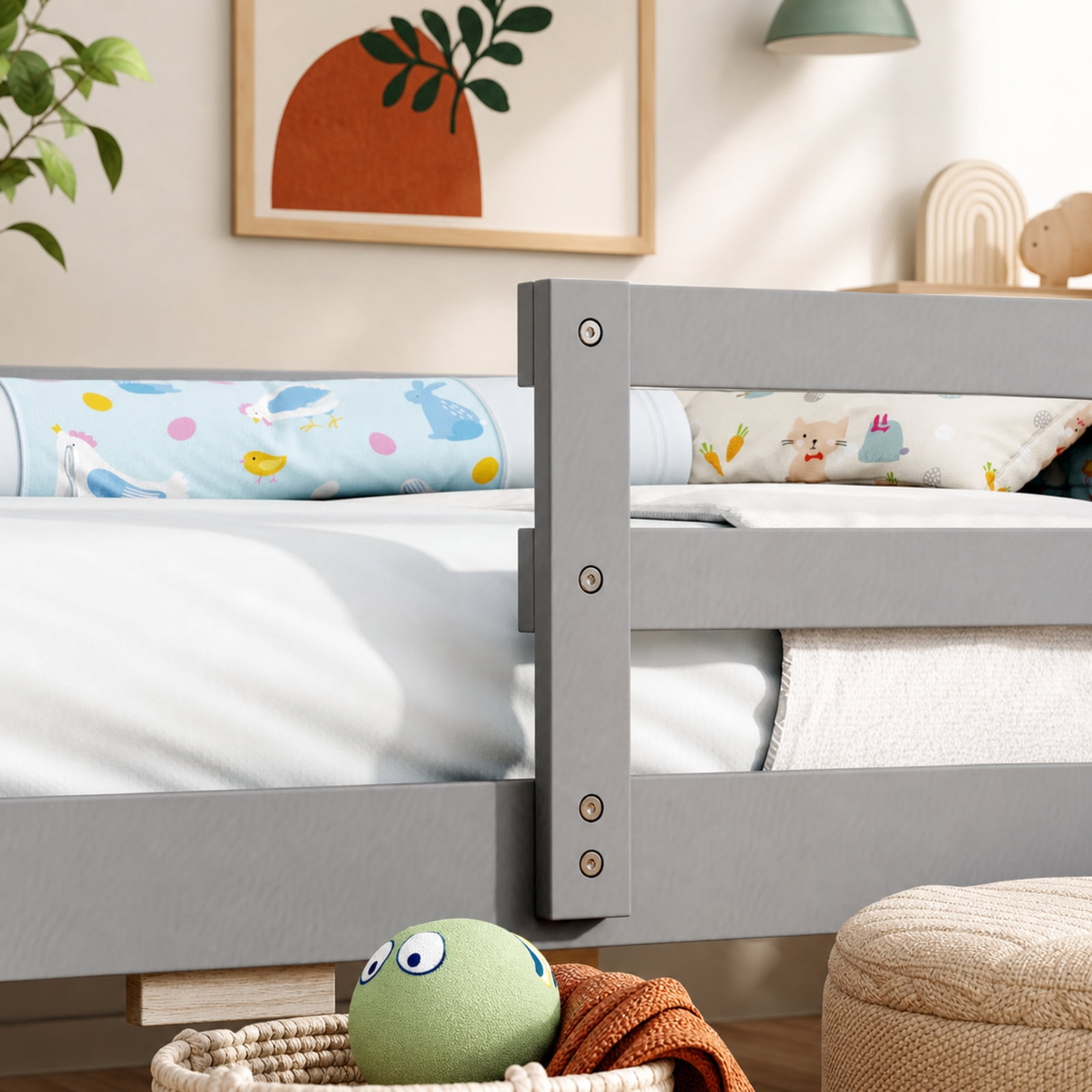Furnibear Twin House Bed with Interactive Blackboard 2 Large Storage Drawers Rolling Casters Solid Pine Wood Frame and High Guardrails, Gray