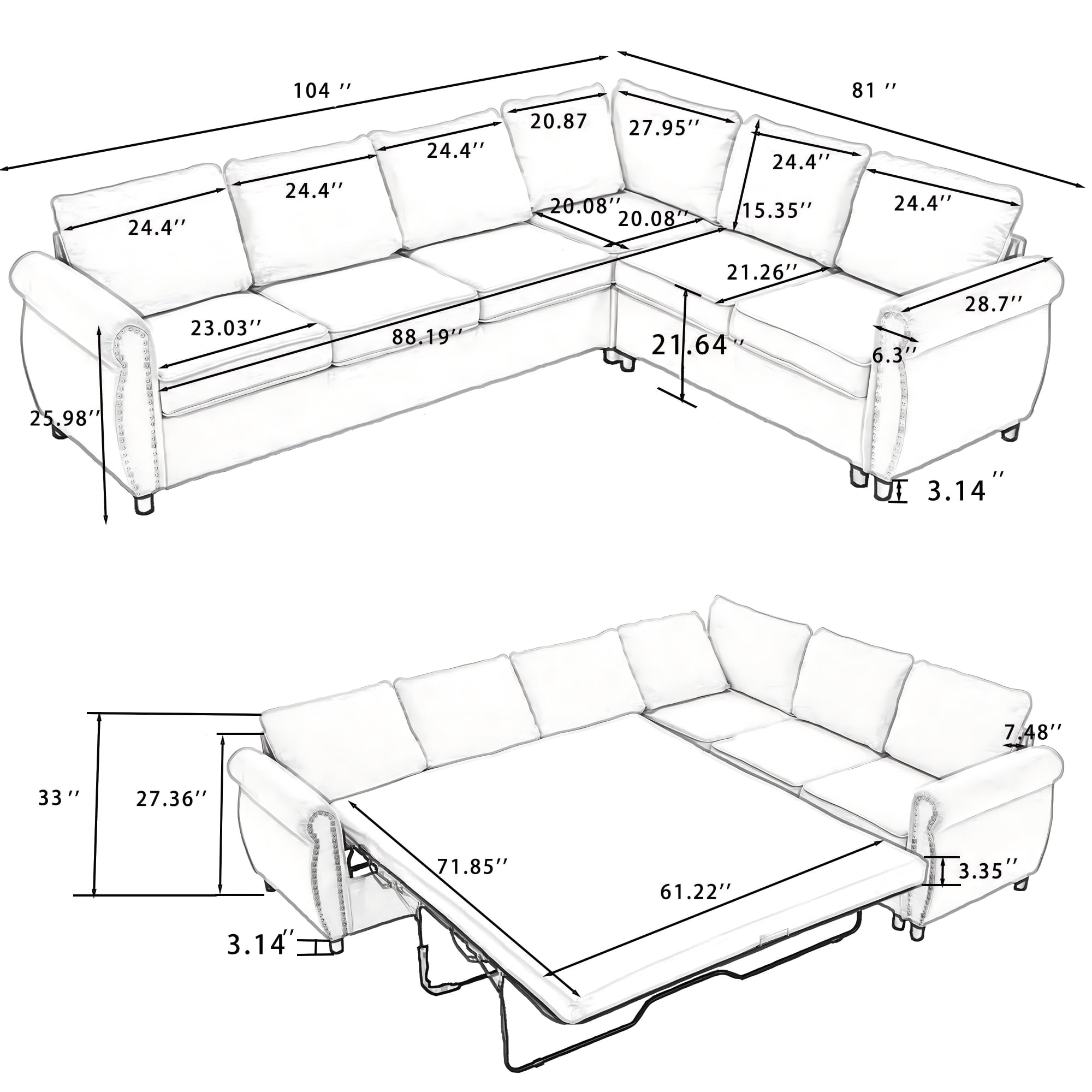 LLappuil Sectional Sofa, Pull Out Sofa Bed Queen Size, 6 Seat Sofa Couch Convertible Sleeper Sofa Bed for Living Room Brown