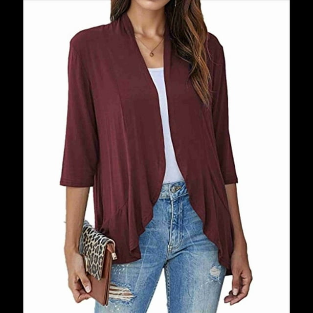 Cárdigan Abierto para Mujer, 3/4, Tejido Suave Drapeado, Color Vino Tinto, Talla M