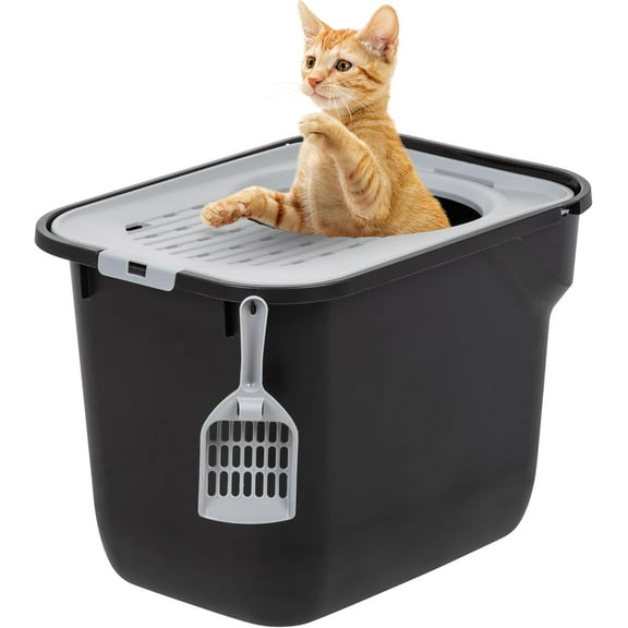 Cat Litter Box, Large Cat Box Enclosure, Top Entry with Litter Catching Lid, Enclosed with Scoop, White/Gray