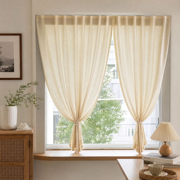 Mbvtdt Japanese Style Linen Textured Sheer Curtains, 180x120cm Adhesive Tassel Window Curtain, 2 Panel Cream Semi Sheer Voile, Light Filtering Window Drapes