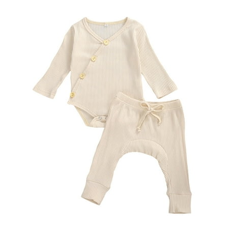 

BrilliantMe Infant Baby Girls Boys Pajamas Knitting Bodysuit Jogger Pants Slant Buttons 2pcs Outfits Set Beige 3-6 Months