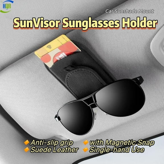 SunVisor Sunglasses Holder with Magnetic Snap,Anti-slip Grip,Single-hand Use,Suede Leather,Car Sunshade Mount,Organizer for Cards&Glasses,Black