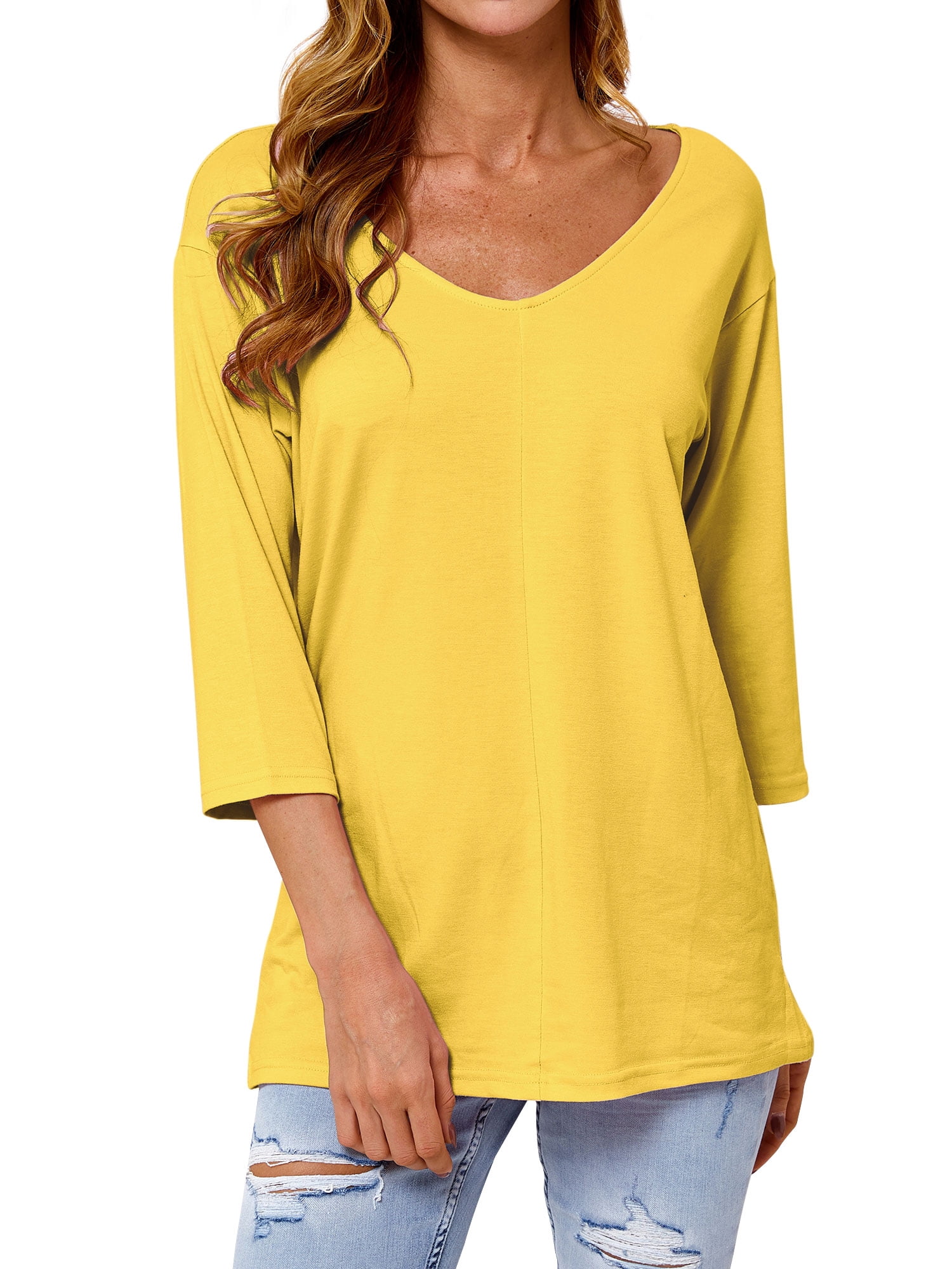 Haut de Couleur Unie à Manches 3/4 et Col Rond pour Femmes