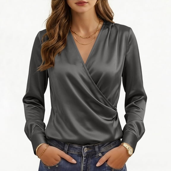 Kadlawus Women Long Sleeve Wrap Blouse Elegant Casual Basic Solid Slim Fit Tops Soft Flowy Fabric for Office Commute Business Trip Wear, Dark Gray 2XL