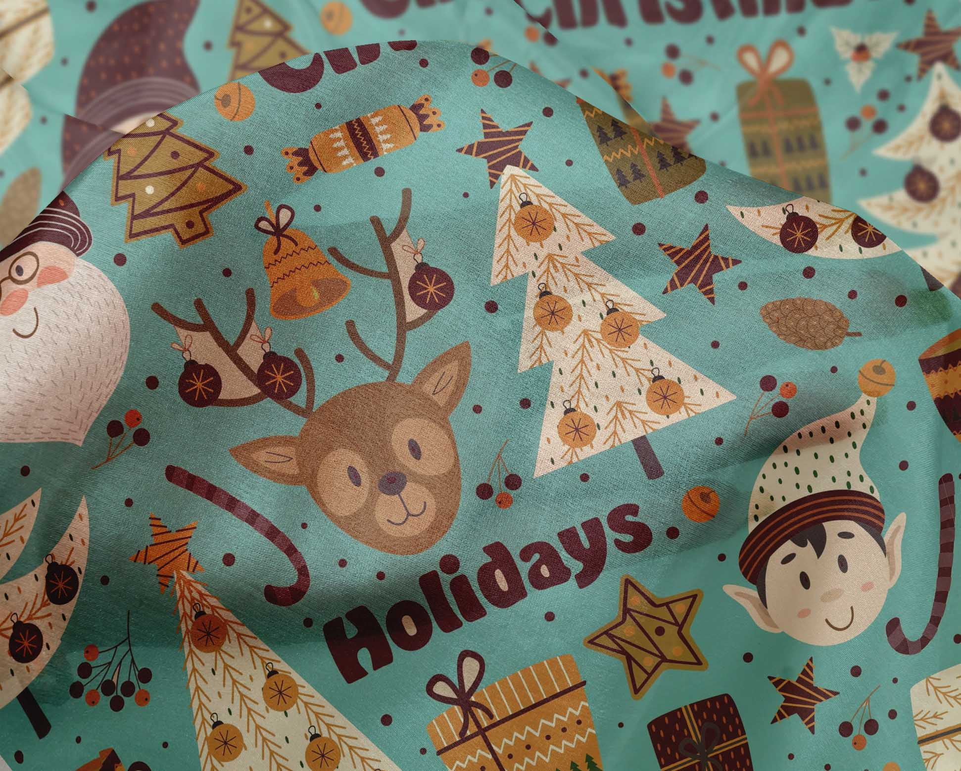 oneOone Silk Tabby Dusty Teal Green Fabric Santa|Gift Box & Tree Christmas Sewing Material Print Fabric By The Yard 42 Inch Wide