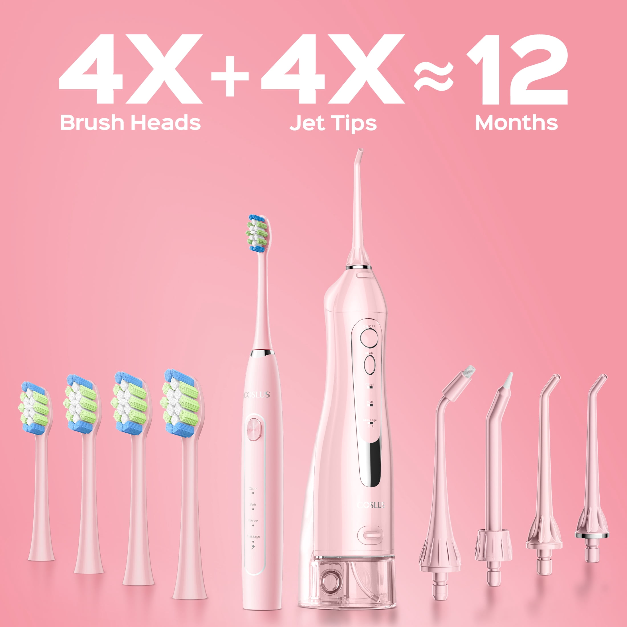 COSLUS Water Dental  Flosser Electric Toothbrush Combo,2-in-1 Oral Clean Kit For Teeth,Braces,Gums Care,Brushing Flossing for Family,Travel Use,Pink