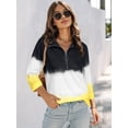 thumbnail image 5 of ZXSXSY Womens Color Block 3/4 Sleeve Quarter Zip Lapel V Neck Casual Tops, 5 of 9