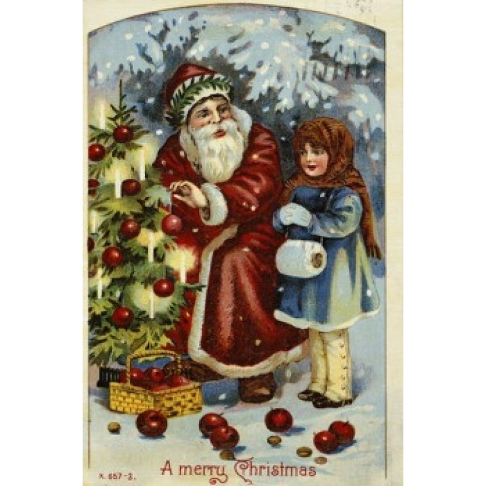 Merry Christmas: Santa & Girl Decorating Tree Nostalgia Cards Poster ...