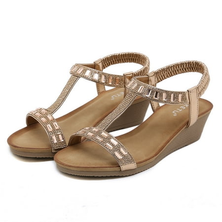 

CAICJ98 Wedge Sandals for Women Women s Sandals Bohemian Sandals Women Dressy Summer Flat Elastic Ankle Strap T-Strap Braided Shoes Sandals A