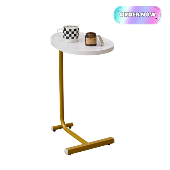 Tcbosik C-Shaped Side Table, Small End Table with Faux Marble Top and Metal Frame for Living Room, Easy Assembly, White