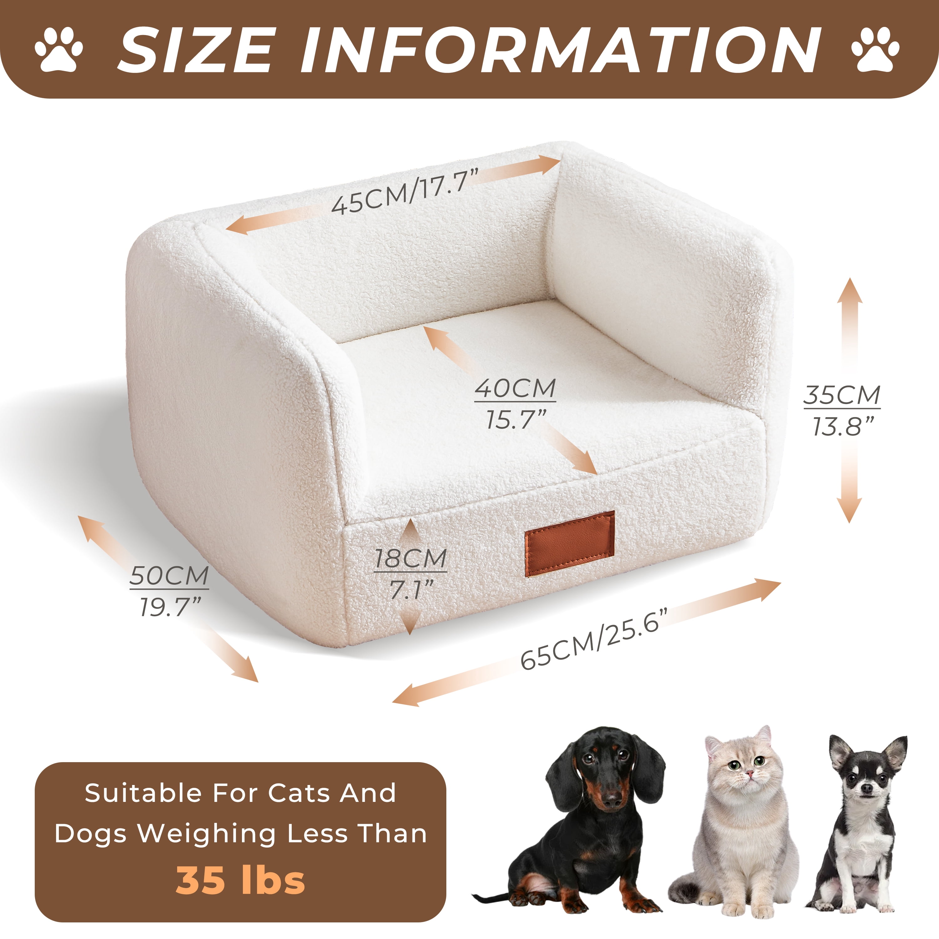 Faux Shearling Dog Bed Couch for Small Medium Dogs up to 35lbs, No Assembly Orthopedic Elevated Pet Sofa Bed, Furniture Style Comfy Dog Couch Bed, White