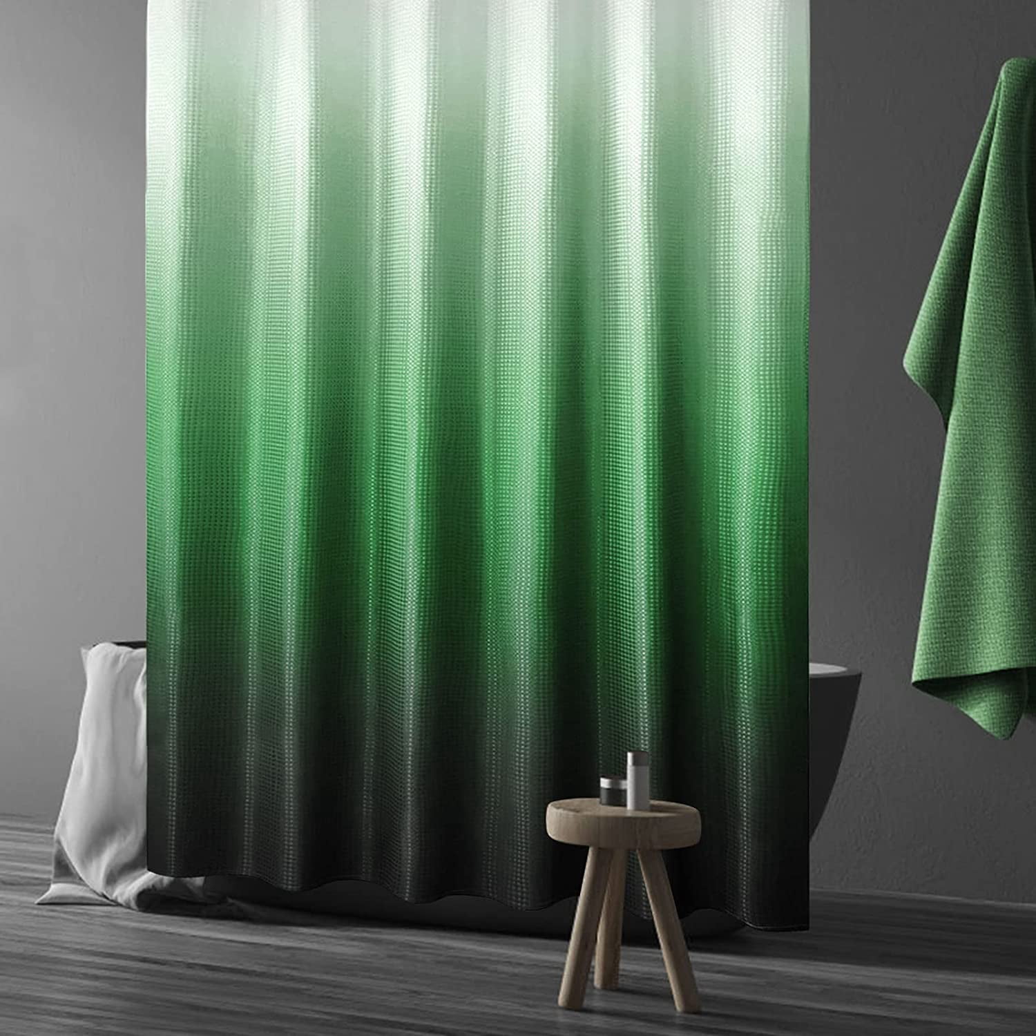 Extra Long Shower Curtain 72 x 84, Tall Emerald Green Ombre Shower Curtain for Bathroom, Waffle Weave Fabric Shower Curtain Set with Hooks, Water Repellent, Machine Washable