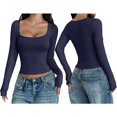 thumbnail image 3 of Camisas de Larga para Mujer, Tops Cortos, Cuello Cuadrado, Camisetas Básicas para Salir, Ropa de Invierno Y2K 2025 Azul Marino S, 3 of 7