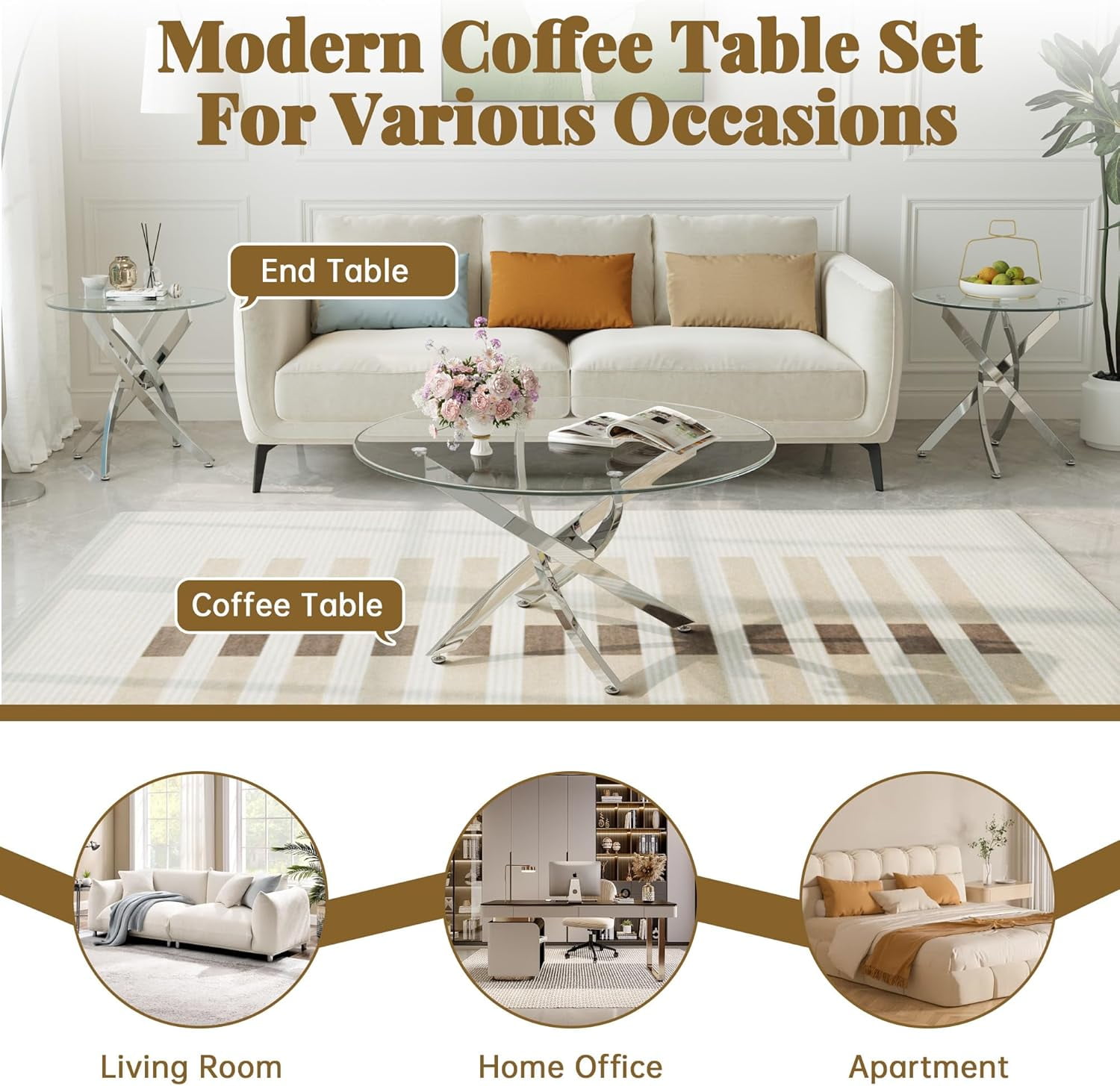 3-Piece Modern Living Room Set-35.43" Round Glass Coffee Table & 23.62" End Tables, Stainless Steel Base & Tempered Safety Glass Top, Sleek Set for Home, Apartment, Office