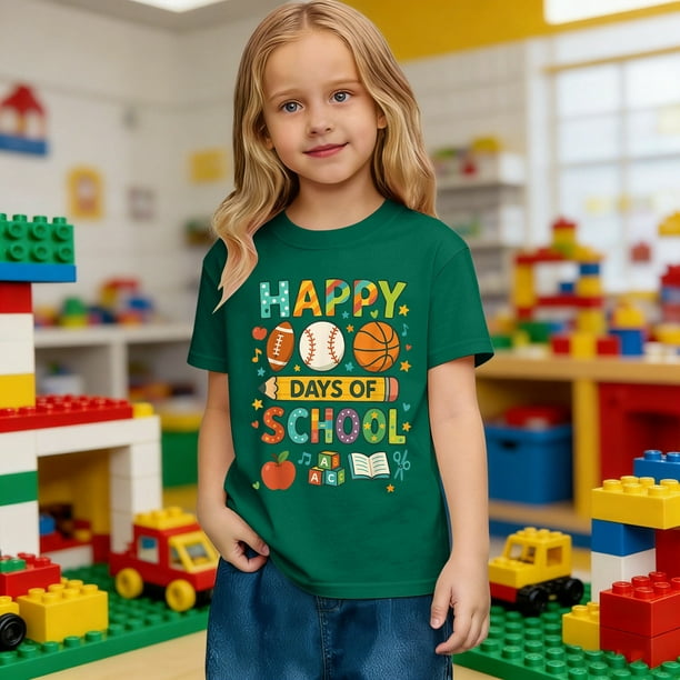 Playde manga corta - Back to School Casual Soft Cotton Blend Tee (1pc) tamaños 2-13 años × Cute 100 Days School Design & Multiple Color Options