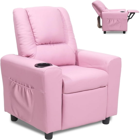 Kids Recliner Chair with Cup Holder, Toddler Recliners for Age 0-5 with Side Pockets and Non-Slip Footstool, Child Recliners for Girls Boys Kids Room, Children's Rooms, Pink
