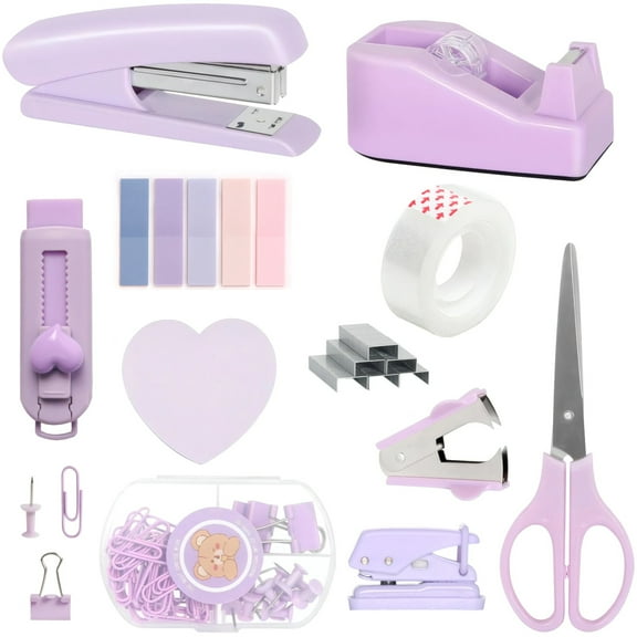 Purple Office Supplies, Purple Desk Accessories Set for Office, Includes Stapler, Tape Dispenser, Scissors, Paper Clips, Puncher, Notes, Small Organizer, Desk Organization Decoration
