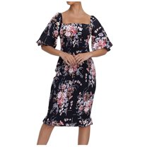 IROINNID Summer Dresses for Women , Women Wedding Guest Knee Length Dresses with Short Sleeve and Off-The-Shouder Floral Outfits Dress