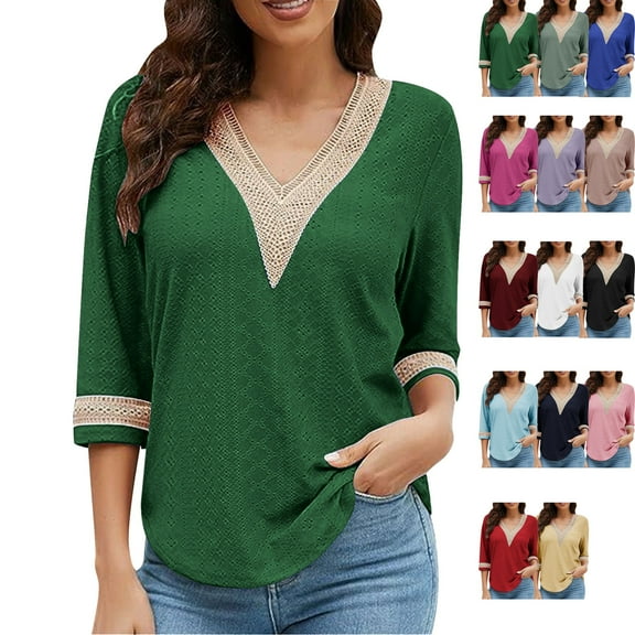 Admvng 3/4 Length Sleeve Womens Tops Casual Solid V-neck Lace Tunic Business Casual Blouses Fall Trendy Outfits S-3XL