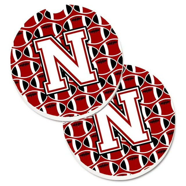 Letter N Football Cardinal & White Set of 2 Cup Holder Car Coaster