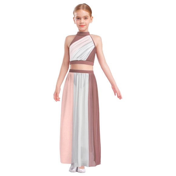 Venjoe Girls 2 Piece Ballet Lyrical Dance Outfit Sleeveless Color Block Crop Top with Split Chiffon Maxi Skirt Dusty Pink 12
