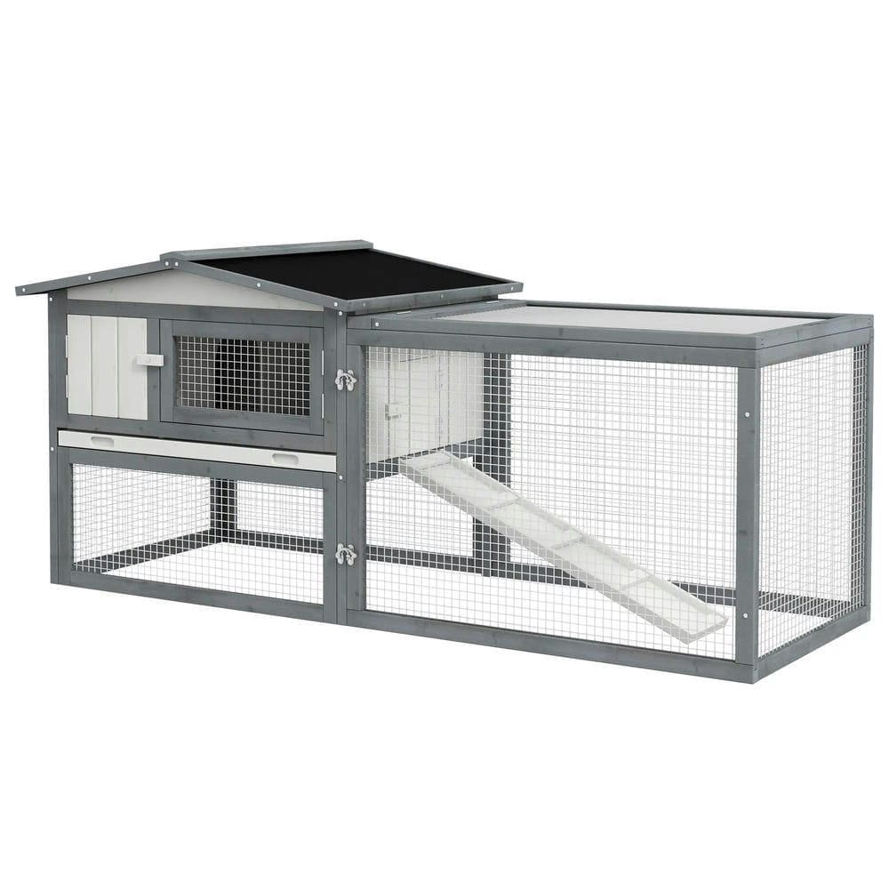 Topcobe Large Rabbit Cage Outdoor 61"L Guinea Pig Hutch w/ Run Feeding Trough Removable Tray Ramp Asphalt Roof, Outdoor Wooden Pet Shelter, White
