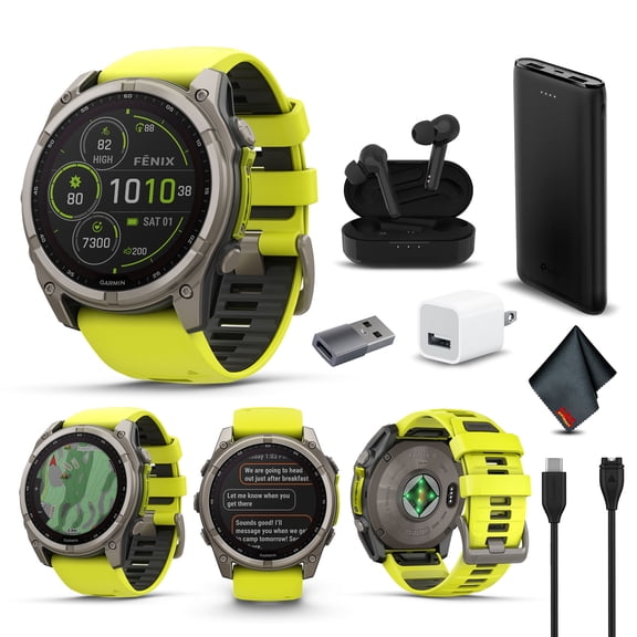 Garmin Fenix 8 51MM Solar Sapphire Multisport GPS Smartwatch Titanium with Amp Yellow Silicone Band, 48 Days Battery Life, Built-in LED flashlight, Fitness & Health Smart Watch Bundle for Men & Women