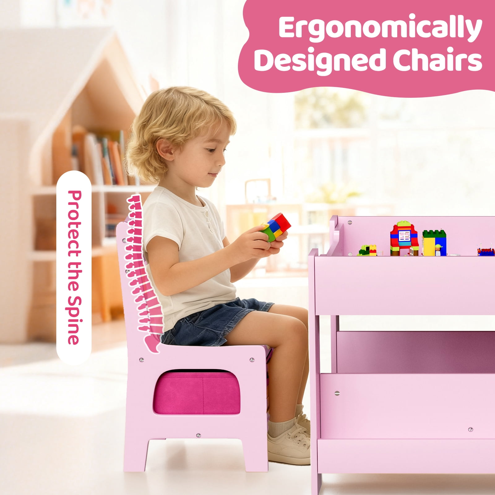 Pirecart Kids Table and Chairs Set, 4 in 1 Wooden Activity Table with Reversible & Detachable Tabletop, Storage Drawer, Bookshelf, Kids Art Desk for Drawing, Playing, Learning, Pink