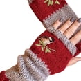 thumbnail image 2 of dianhelloya Women Autumn Winter Bird Embroidered Gloves Knit Fingerless Color Block Mitten Wine Red, 2 of 8