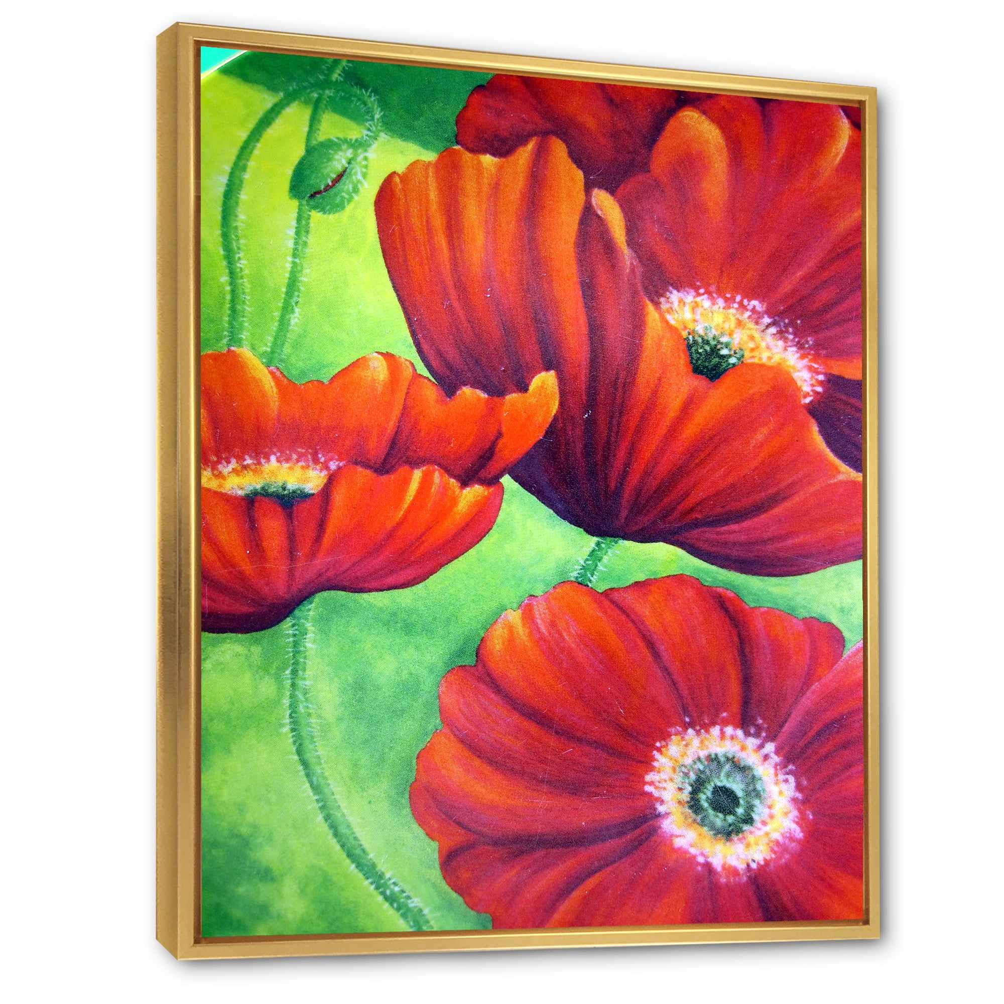 Red Blossoming Poppies Over Wild Green V 30 in x 40 in Framed Painting Canvas Art Print, by Designart