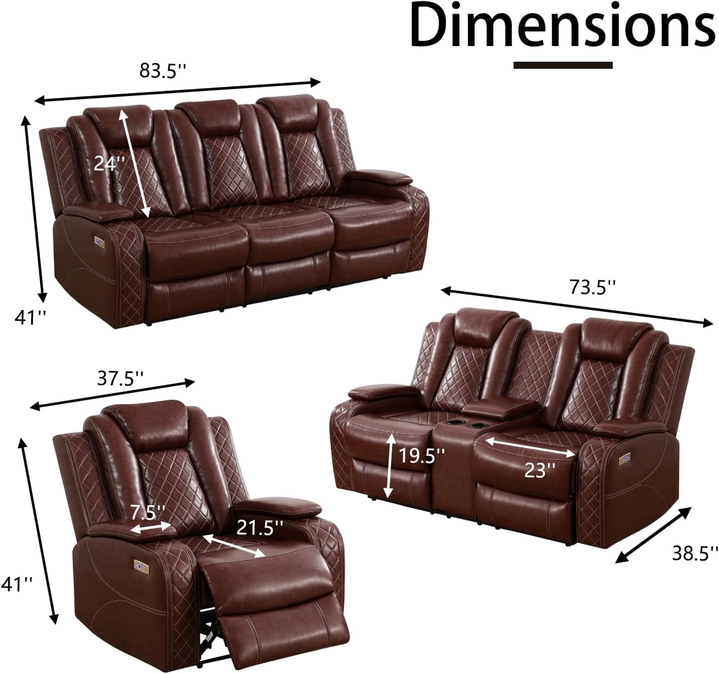 Power Leather Recliner Sofa Set with LED Lights,Living Room Furniture Set, Breathing Leather Sofa Set with USB Port/Storage Console/Cup Holders (3 Pieces Reclining Sofa Set, Auburn)