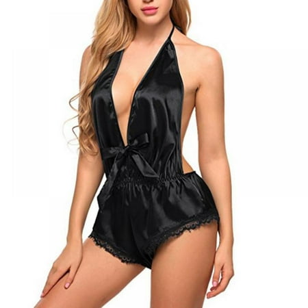 

Sexy Women Underwear Lace Deep V-neck Baby Doll Off Shoulder Plus Size Backless Sleepwear Nightgowns Ladies Silk Pajama H8