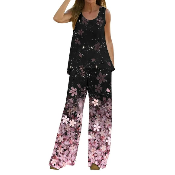 MSJUHEG Pantalons Larges pour Femmes Pantalons Femmes Ensemble 2 Pcs Boho Imprimé Débardeur Sans Manches Haut Ample Pantalons Larges Ensemble Deux Pièces Pantalons de Survêtement Femmes Rose L