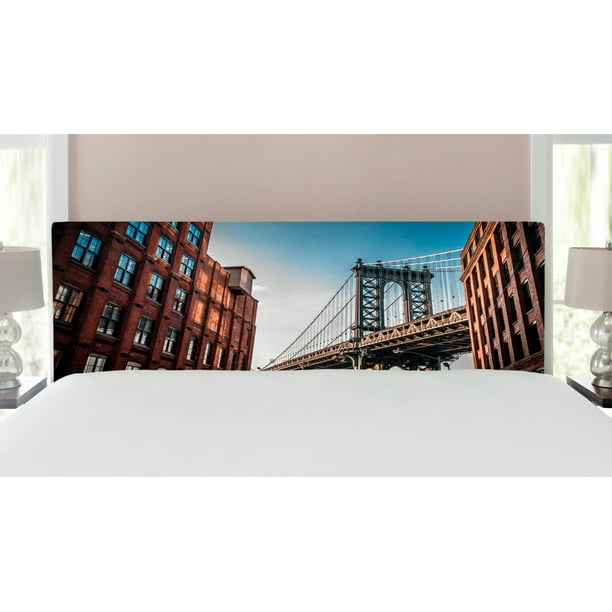 New York Headboard Manhattan Bridge Seen From Narrow Alley Island Borough Globally Influential Town Nyc Upholstered Decorative Metal Bed With Memory Foam King Size Blue Red By Ambesonne Com New York Headboard Manhattan Bridge, Manhattan King Size Bed Dimensions