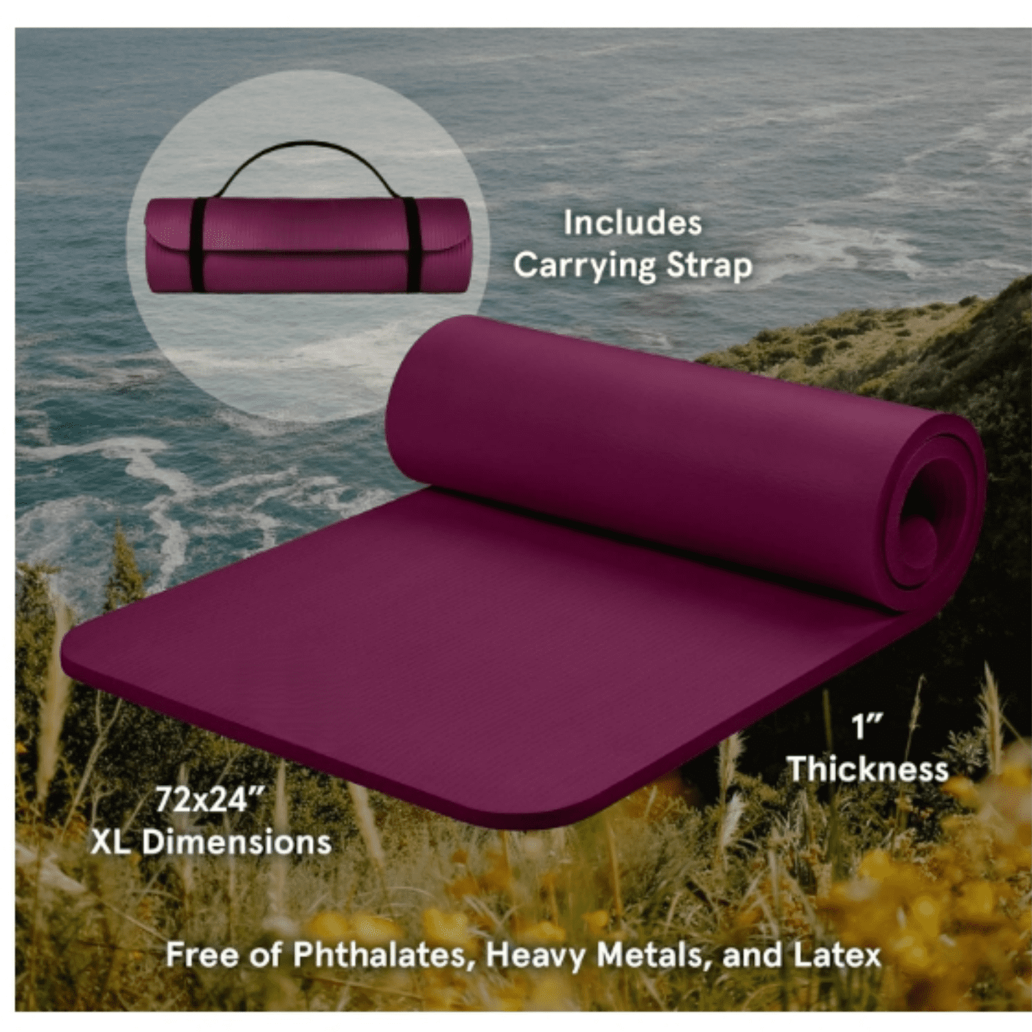 Yoga Mat 1" Thick With Nylon Strap For Men & Women - Non Slip Exercise Mat For Home Yoga, Pilates, Stretching, Floor & Fitness Workouts