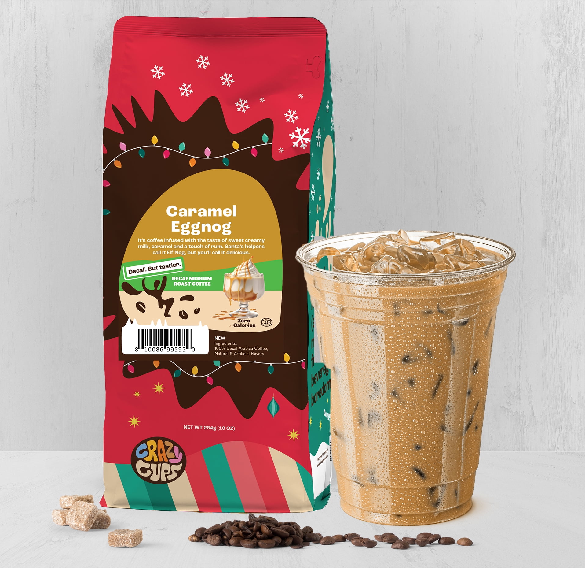 Crazy Cups Flavored Ground Decaf Eggnog Coffee, Decaffeinated Caramel Eggnog Coffee in 10 oz Bag, For Brewing Flavored Hot or Iced Coffee, 3 Pack